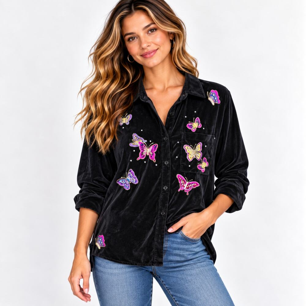 The Quacker Factory Button-Up Embroidered Butterfly Shirt Women's Size M Velvet